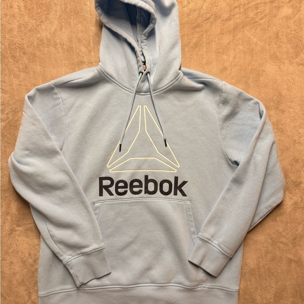 Reebok Mens XL Delta Logo Active Hoodie Sweatshirt Light Blue Kangaroo Pocket
